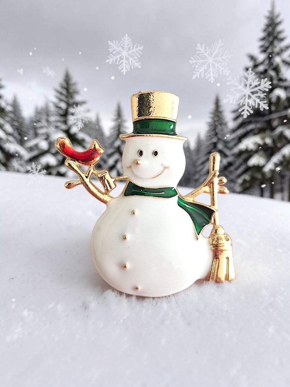 Holiday Snowman Brooch Pin - Green Scarf & Gold Accents